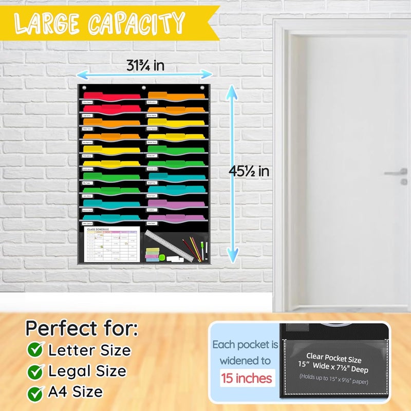 ALSLEA 22 Pockets Hanging Wall File Organizer for Legal/ Letter Size Paper, Over the Door Organizer, 31¾" x 45½" Pocket Chart for Classroom, Office, Warehouse, Home Use with 24 Name Tags & 6 Hooks - Image 3